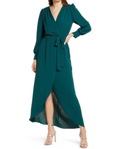 Fraiche By J Wrap Front Long Sleeve Dress - Green