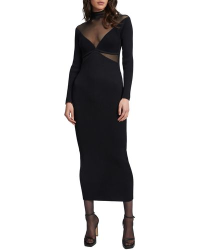 Bardot Mesh Inset Long Sleeve Ribbed Body-con Dress - Black