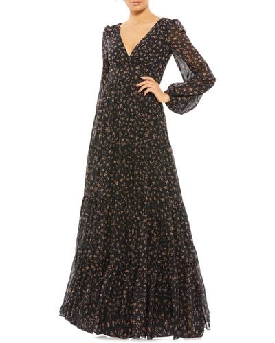 Mac Duggal Floral Long Sleeve Chiffon A-line Gown - Black