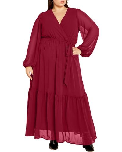 City Chic Charlie Long Sleeve Faux Wrap Maxi Dress - Red