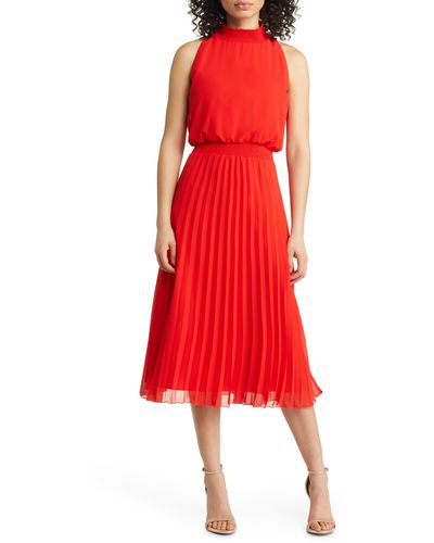 Sam Edelman Smocked Pleat Sleeveless Midi Dress - Red