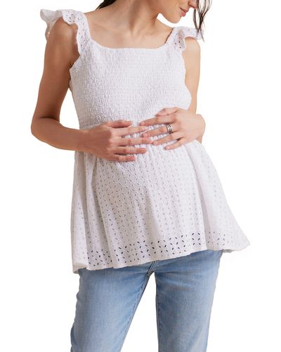 A Pea In The Pod Flutter Sleeve Maternity Peplum Top - White