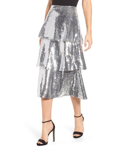 Endless Rose Tiered Sequin Midi Skirt - Gray