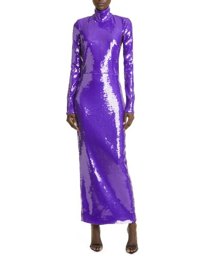 LAQUAN SMITH Sequin Mock Neck Long Sleeve Cutout Column Gown - Purple