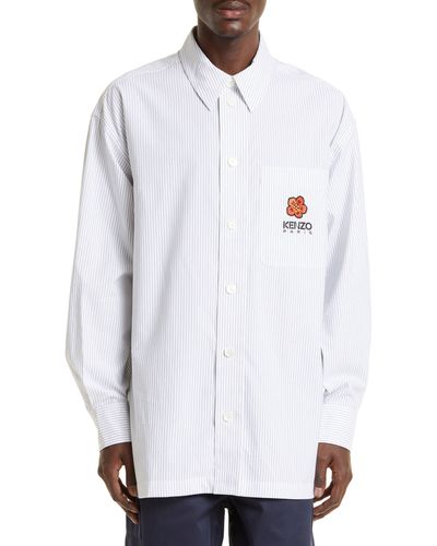 KENZO Stripe Embroidered Boke Flower Crest Button-up Shirt - White