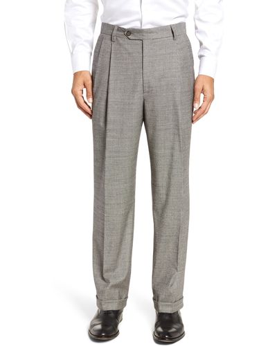Berle Touch Finish Pleated Houndstooth Classic Fit Stretch Wool Dress Pants - Gray