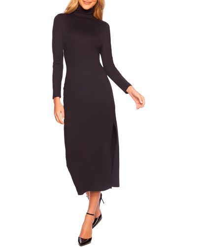 Susana Monaco Long Sleeve Turtleneck Slit Midi Dress - Black