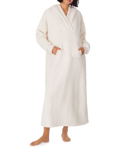 dkny Natural High Pile Fleece Hooded Pullover Long Robe