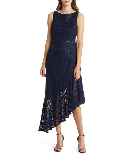 Eliza J Sequin Lace Asymmetric Hem Cocktail Dress - Blue