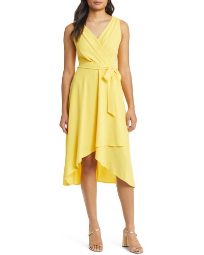Connected Apparel Tie Belt Faux Wrap High-low Dress - Yellow