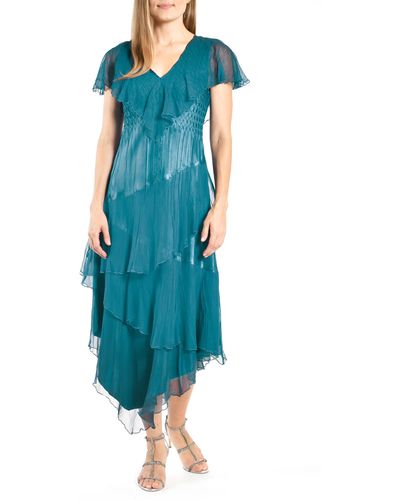 Komarov Flutter Sleeve Asymmetric Gown - Blue