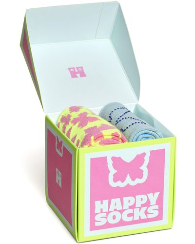 Happy Socks Butterfly Assorted 2-pack Crew Socks Gift Box - White