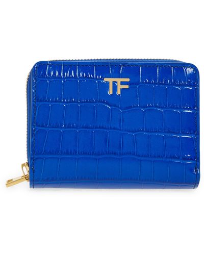 Tom Ford T-line Croc Embossed Patent Leather Zip Wallet - Blue