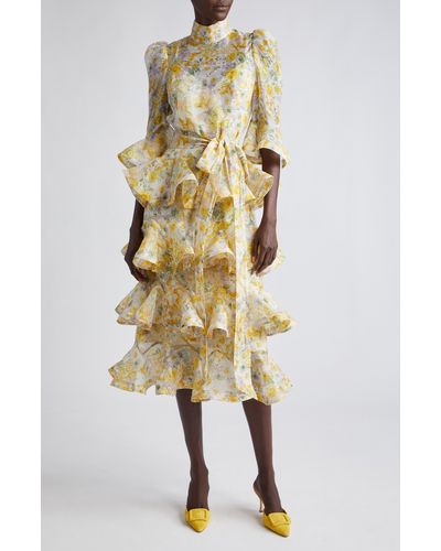 Zimmermann Harmony Floral Ruffle Tiered Linen & Silk Midi Dress - Metallic