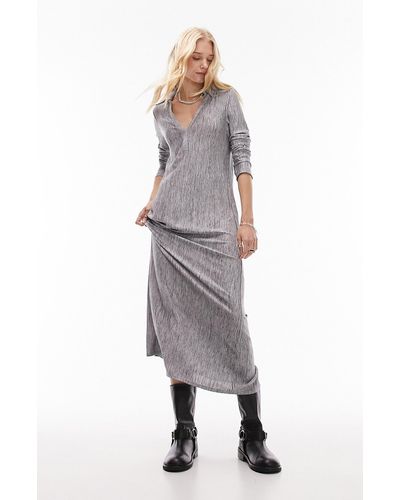 TOPSHOP Split Neck Long Sleeve Midi Dress - Gray