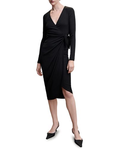 Mango Textured Long Sleeve Wrap Dress - Black