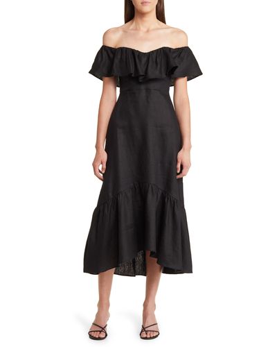 Reformation Baela Ruffle Off The Shoulder Linen Dress - Black