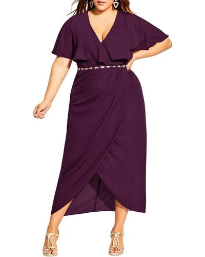 City Chic Enchant Cape Sleeve Belted Maxi Dress - Purple