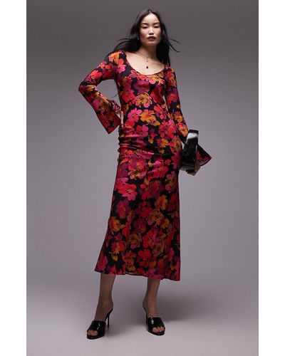 TOPSHOP Lea Floral Long Sleeve Midi Dress - Red