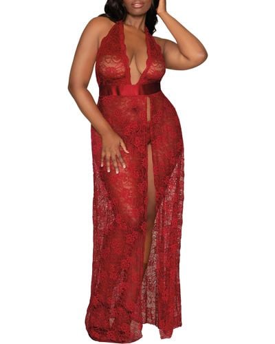 Dreamgirl Lace Halter Nightgown & G-string Set - Red