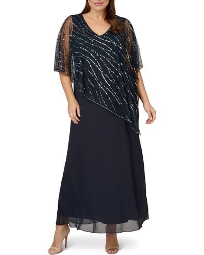 Adrianna Papell Beaded Sequin Chiffon Popover Gown - Blue
