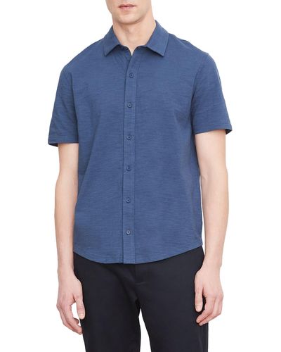 Vince Short Sleeve Cotton Slub Button-up Shirt - Blue