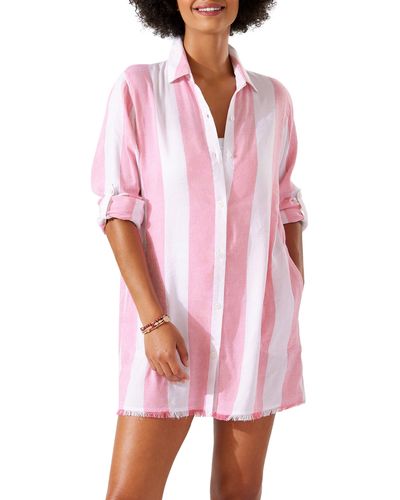 Tommy Bahama Rugby Beach Stripe Cover-up Tunic Shirt - Pink
