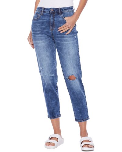HINT OF BLU Clever High Waist Ripped Ankle Slim Straight Leg Jeans - Blue