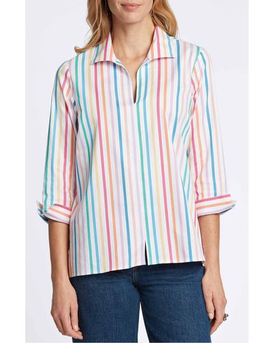 Foxcroft Agnes Rainbow Stripe Three-quarter Sleeve Cotton Popover Top - White
