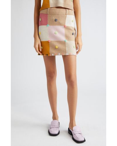 YANYAN Floral Ribbon Checkerboard Knit Wool Miniskirt - Pink