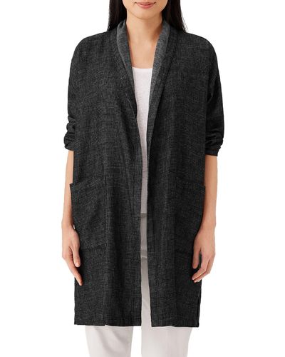Eileen Fisher Organic Cotton & Hemp Tweed Long Coat - Black