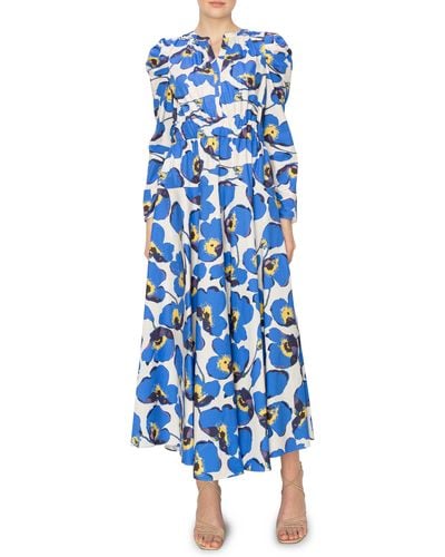 MELLODAY Floral Print Belted Long Sleeve A-line Dress - Blue