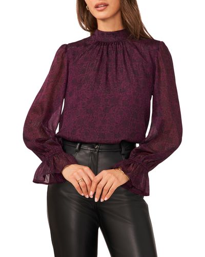 Halogen® Halogen(r) Floral Ruffle Cuff Mock Neck Top - Purple