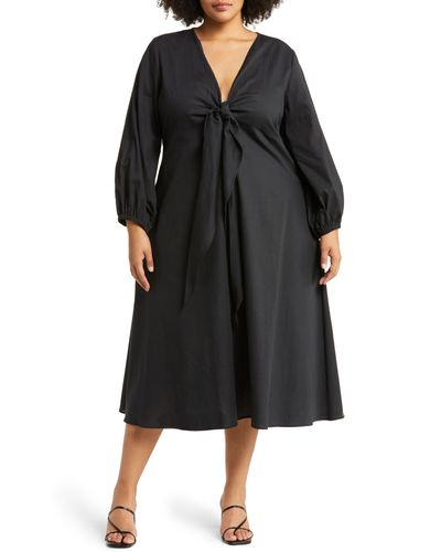 Harshman Novella Knot Front Long Sleeve Midi Dress - Black