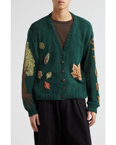 STORY mfg. Twinsun Crochet Appliqué Hand Knit Organic Cotton V-neck Cardigan - Green