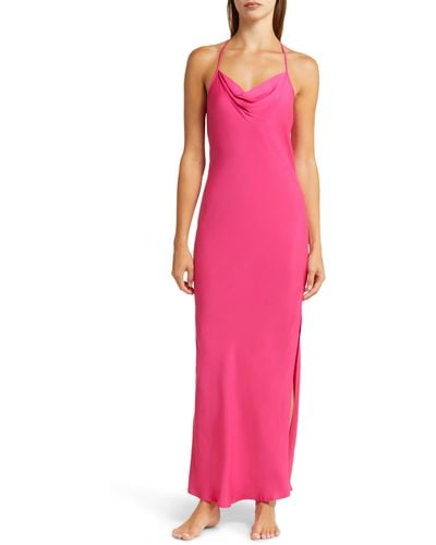Open Edit Cowl Back Satin Nightgown - Pink
