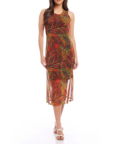 Karen Kane Palm Print Mesh Midi Dress - Orange