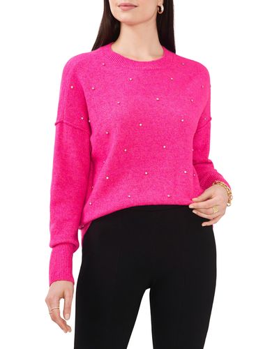 Chaus Rhinestone Cozy Crewneck Sweater - Pink