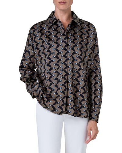 Akris Punto Abstract Bird Print Cotton Sateen Button-up Shirt - Black