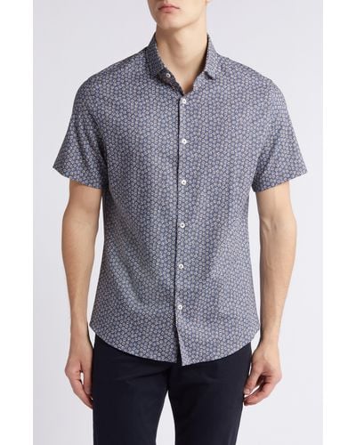 Stone Rose Floral Short Sleeve Stretch Cotton Blend Button-up Shirt - Gray