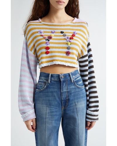 YANYAN Yy Appliqué Colorblock Stripe Crop Sweater - White
