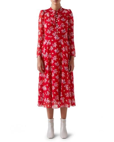 LK Bennett Keira Floral Print Long Sleeve Silk Midi Dress - Red