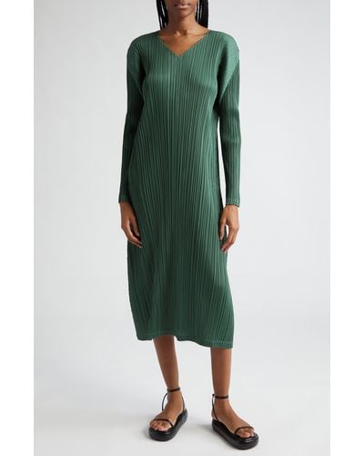 Pleats Please Issey Miyake Monthly Colors December Pleated Long Seeve Midi Dress - Green