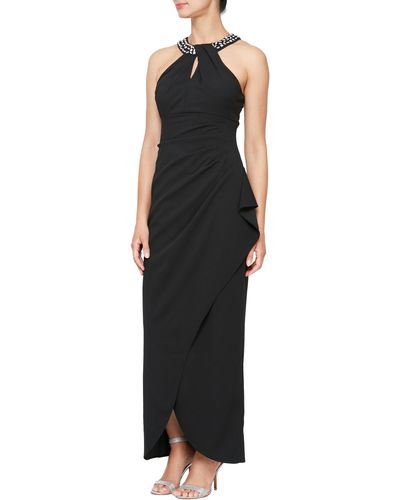 Sl Fashions Crystal Embellished Halter Neck Sleeveless Tulip Maxi Dress - Black