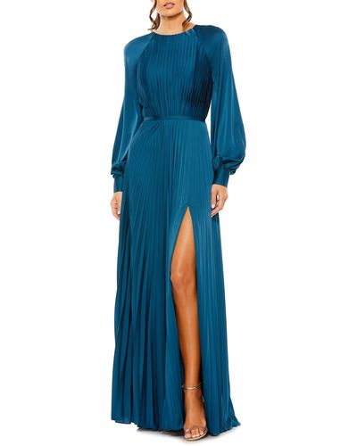 Ieena for Mac Duggal Pleated Long Sleeve Satin A-line Gown - Blue