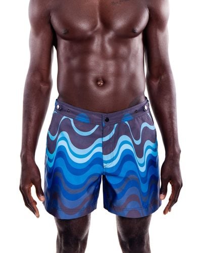 Prince & Bond Elvio Tailored Wave Print Hybrid Swim Trunks - Blue
