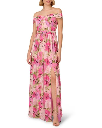 Adrianna Papell Floral Off The Shoulder Gown - Pink