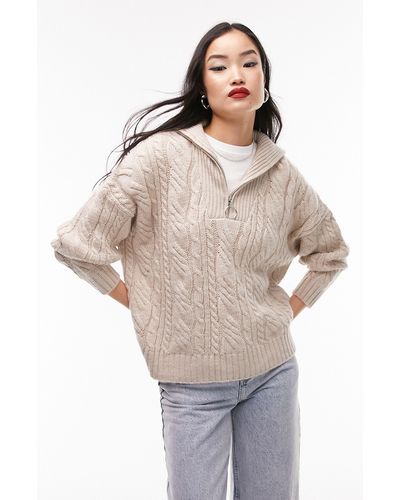TOPSHOP Oversize Cable Knit Half Zip Sweater - Natural
