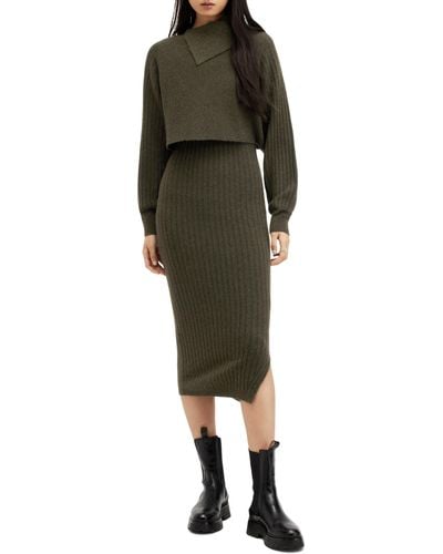 AllSaints Margetta Long Sleeve Two-piece Wool Blend Rib Sweater & Dress - Green