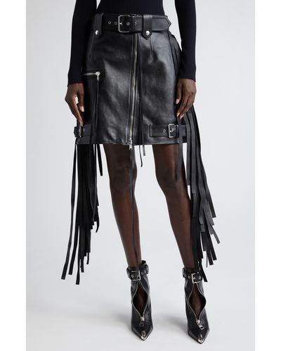 Alexander McQueen Fringe Trim Biker Belted Leather Miniskirt - Black